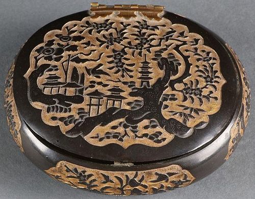 A VERY FINE CHINESE GILT BRONZE INK BOX, 18TH C