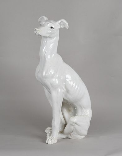 Italian Faience Model of a Seated White Greyhound