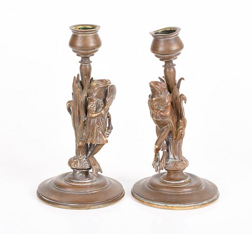 Pair of Figural Frog Bronze Candlesticks