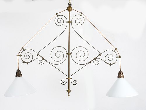 Brass Scrollwork and Glass Two Light Ceiling Fixture