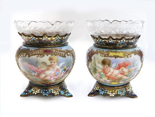 Pair of 19th C. French Champleve Enamel/Porcelain Vases