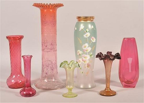 Seven Various Victorian Art Glass Vases.
