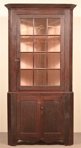 American Federal Cherry Two Part Corner Cupboard.