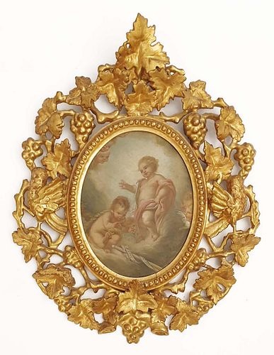 Cherubs, 19th C. Rococo Framed Oil on Board Painting