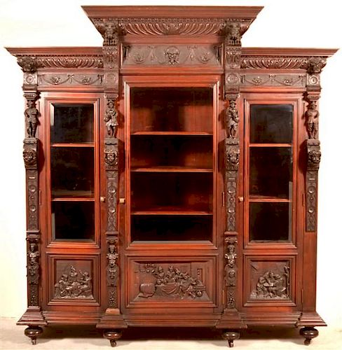19th Century Highly Carved Mahogany 3 Door Bookcase.