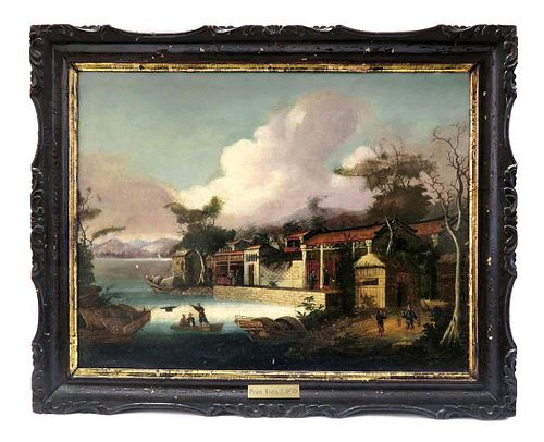 19th C. Rare Chinese Oil on Canvas "Pearl River"