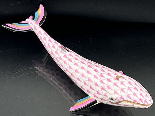 Signed HEREND 6.75â€ Whale Raspberry Fishnet Figurine