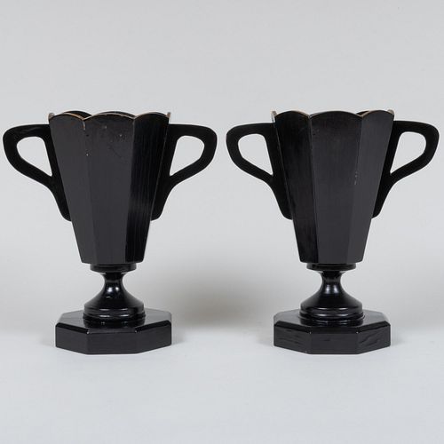 Pair of Black Painted Wood Urns with Handles