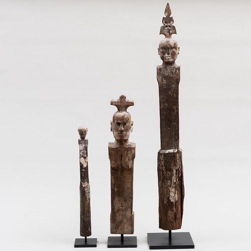 Group of Three Indonesian or Sunduk Carved and Painted Wood Figural Grave Markers