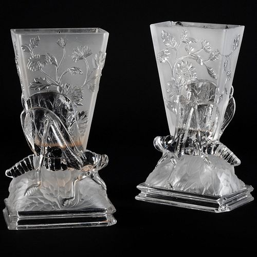 Pair of Baccarat Molded Glass Vase with Cricket Motif