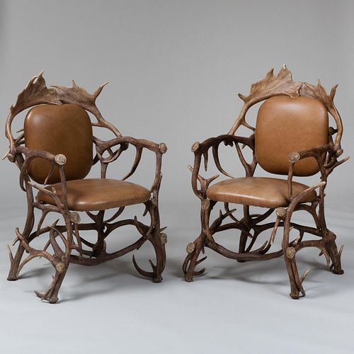 Pair of Faux Antler and Leather Armchairs