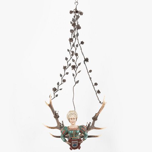 Austrian Provincial Painted Figural and Antler Four-Light Chandelier