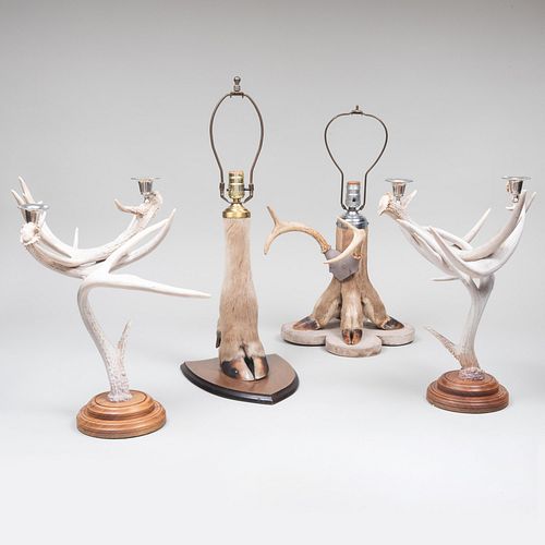 Two Deer Trophy Lamps and a Pair of Two-Light Antler Candelabra