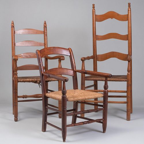Two American Maple and Rush Ladder Back Armchairs