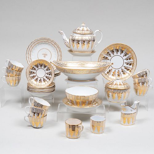 English Gilt Greek Key Decorated Porcelain Tea Service, 19th Century