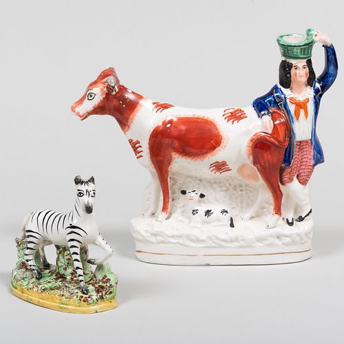 Large Staffordshire Cow Creamer and a Figure of a Zebra
