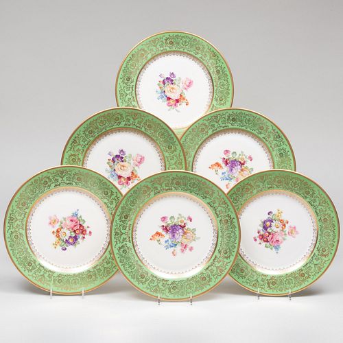 Set of Eleven Coalport Green Ground Porcelain Plates and a Set of Twelve Edgerton Green Ground Porcelain Plates