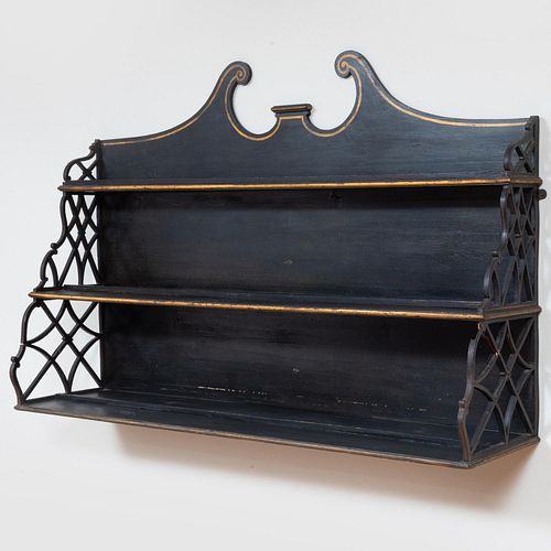 George III Style Painted and Parcel-Gilt Three-Tier Shelf