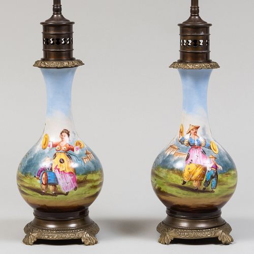 Pair of Chinoiserie Porcelain Oil Lamps Mounted as Table Lamps