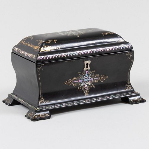 Victorian Black Painted Papier Mache and Mother-of-Pearl Tea Caddy