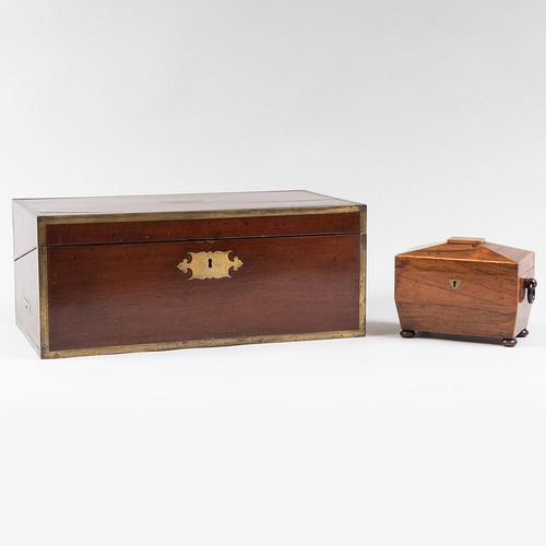George III Brass-Mounted Mahogany Lap Desk with Casket Shaped Rosewood Tea Caddy
