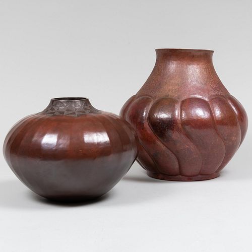 Contemporary Hammered Copper Vessel and a Leslie Matthews Burnished Pottery Vessel