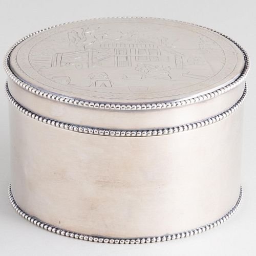 Dutch Silver Circular Box and Cover Engraved with a Village Scene
