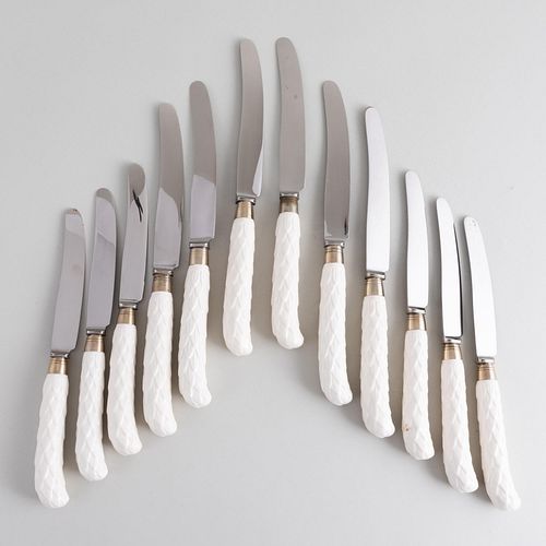  Set of Twelve English Porcelain Handled Dinner Knives and Twelve Lunch Knives, After Syrie Maugham