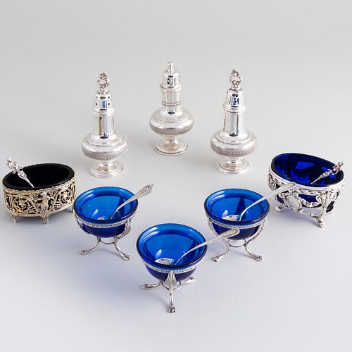 Group of Silver Salt Cellars, Spoons and Casters