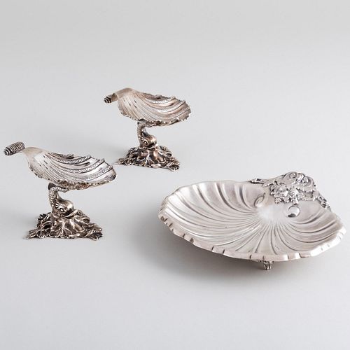 Pair of American Silver Shell Form Master Salts and a Reed & Barton Silver Shell Form Dish