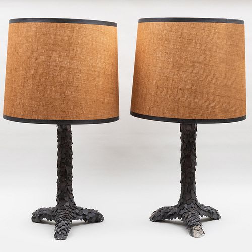 Pair of Contemporary Slate Table Lamps with Custom Shades designed by Steven Gambrel