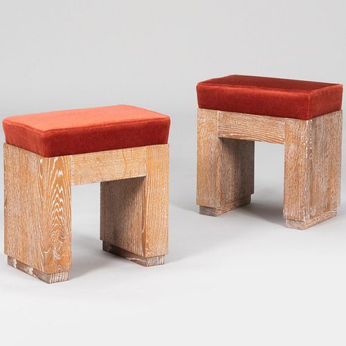 Pair of Modern Ceruse Oak and Mohair Upholstered Stools, designed by Steven Gambrel, after Jean Michel Frank