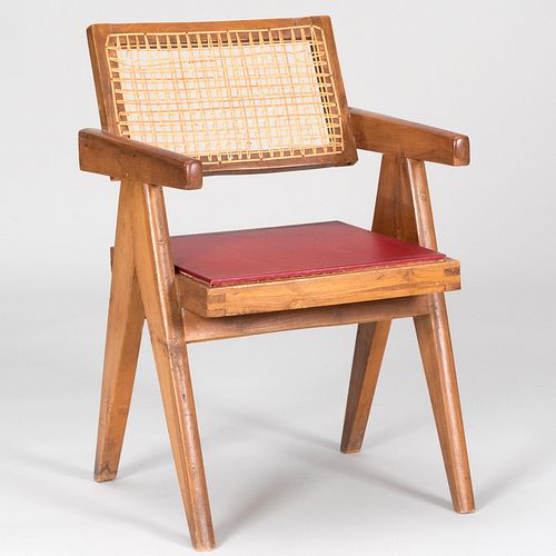 Pierre Jeanneret Teak, Caned and Leather Armchair for Chandigarh, India