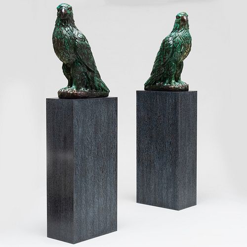 Pair of Large Green Glazed Earthenware Models of Eagles, Modern