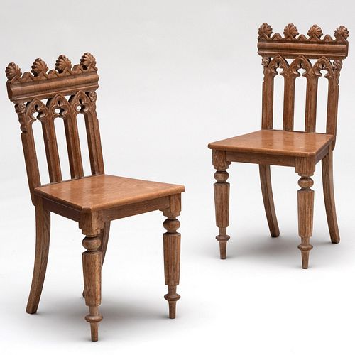 Pair of English Gothic Revival Carved Oak Side Chairs