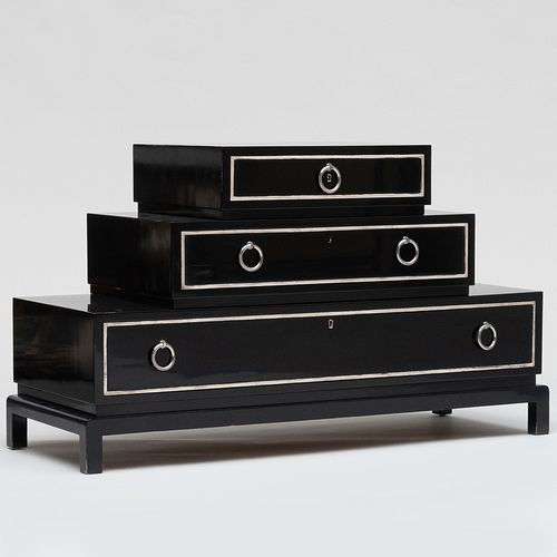 French Mid Century Black Lacquer and Silver Leaf Three Tier Cabinet 