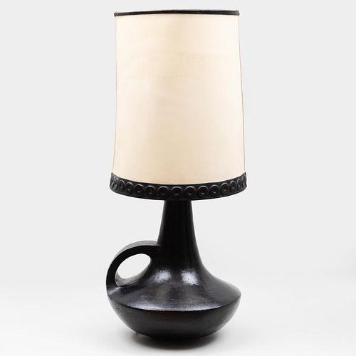 French Black Glazed Art Pottery Lamp with a Custom Shade of Goat Skin with Leather Trim