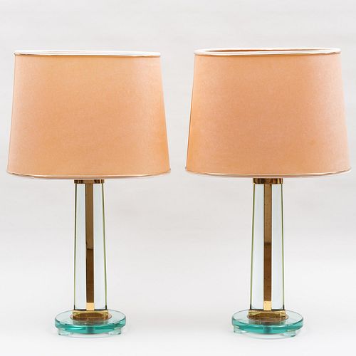 Pair of Max Ingrand for Fontana Arte Brass-Mounted Glass Table Lamps with Custom Shades
