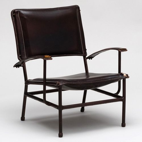Jacques Adnet Metal and Black Vinyl Armchair