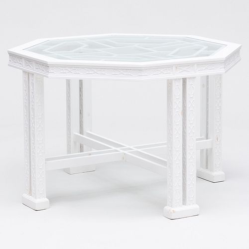 Chinese Chippendale Style White Painted and Glass Octagonal Table