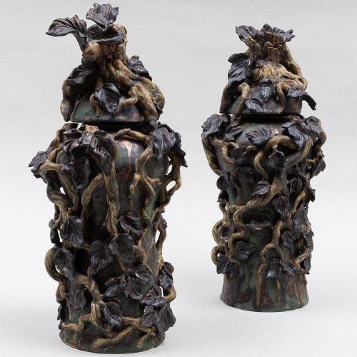 Pair of Matthew Solomon Glazed Ceramic Vases and Covers with Applied Decoration