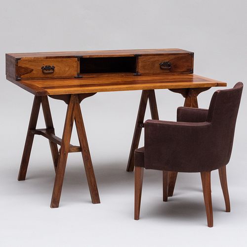 Modern Plantation Style Zebrawood Desk with a Linen Upholstered Mahogany Armchair