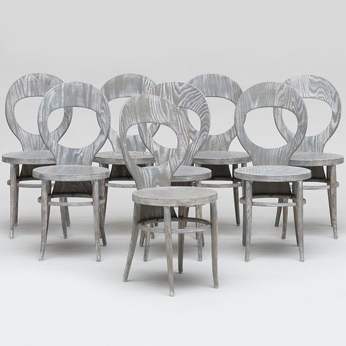 Set of Eight French Contemporary Laminated Ceruse Oak Bistro Chairs