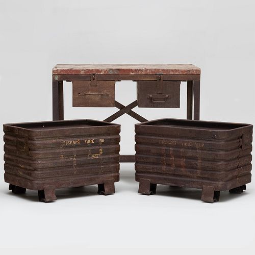 French Metal and Wood Work Bench with a Pair of Industrial Metal Containers