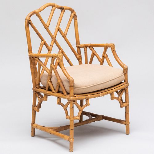 Rattan Wrapped Bamboo Armchair with Linen Upholstered Seat