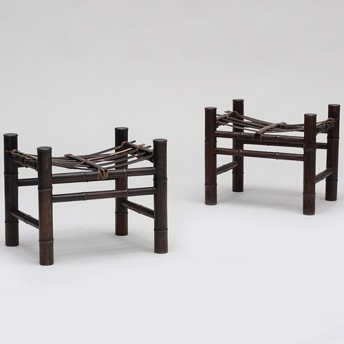 Pair of Carved Wood Faux Bamboo and Bamboo Stools