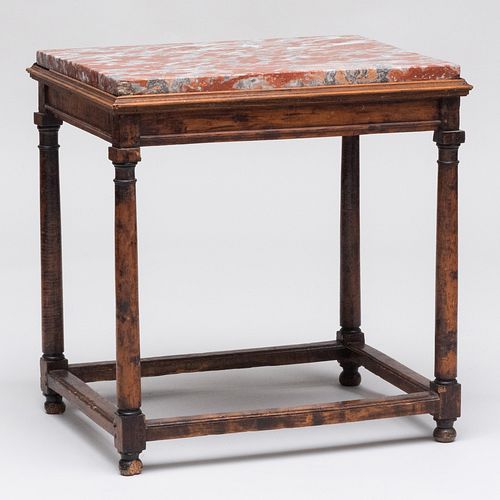 Continental Tiger Maple and Walnut Table with a Marble Top, possibly Belgian