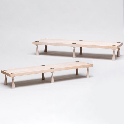 Pair of Contemporary Bronze-Mounted Ceruse Oak Low Tables, designed by Steven Gambrel