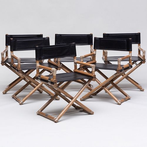 Set of Twelve Modern X-Form Oak, Leather and Metal Directors Chairs, McGuire
