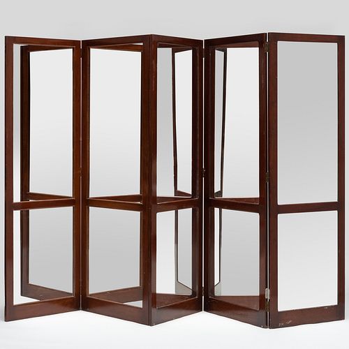 Directoire Style Mahogany and Mirrored Five-Panel Double-Sided Screen